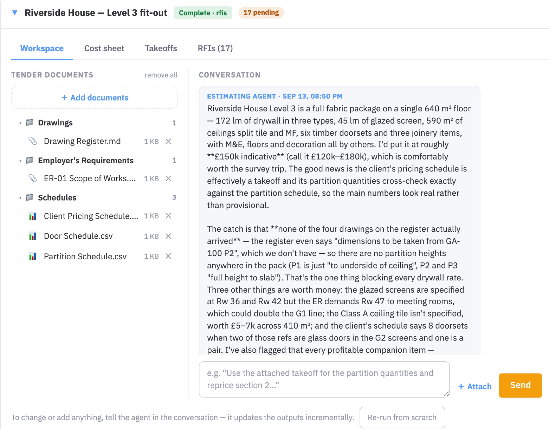 Siteliner estimating agent: a tender pack on the left, the agent's scope summary and questions in the conversation